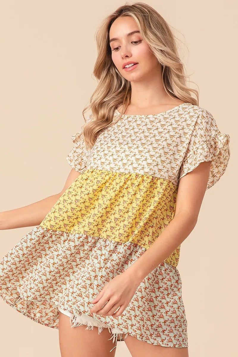 BiBi Flroal Printed Woven Color Block and Tiered Top in Yellow