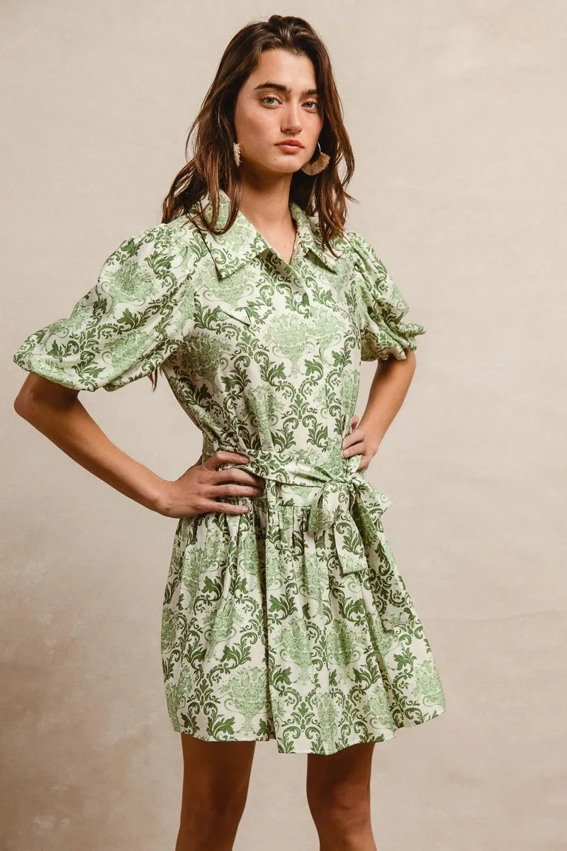BiBi Tied Floral Short Sleeve Mini Shirt Dress