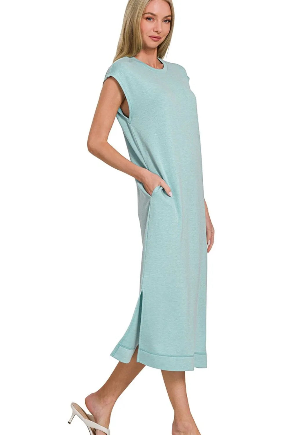 Zenana French Terry Sleeveless Round Neck Midi Dress in Teal