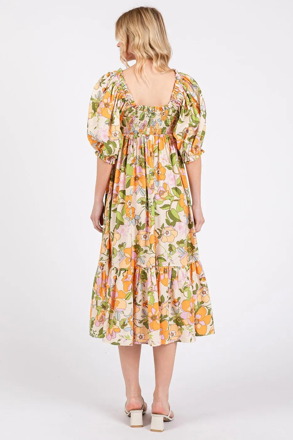 Mittoshop Flower Print Puff Sleeve Ruffle Smocked Midi Dress