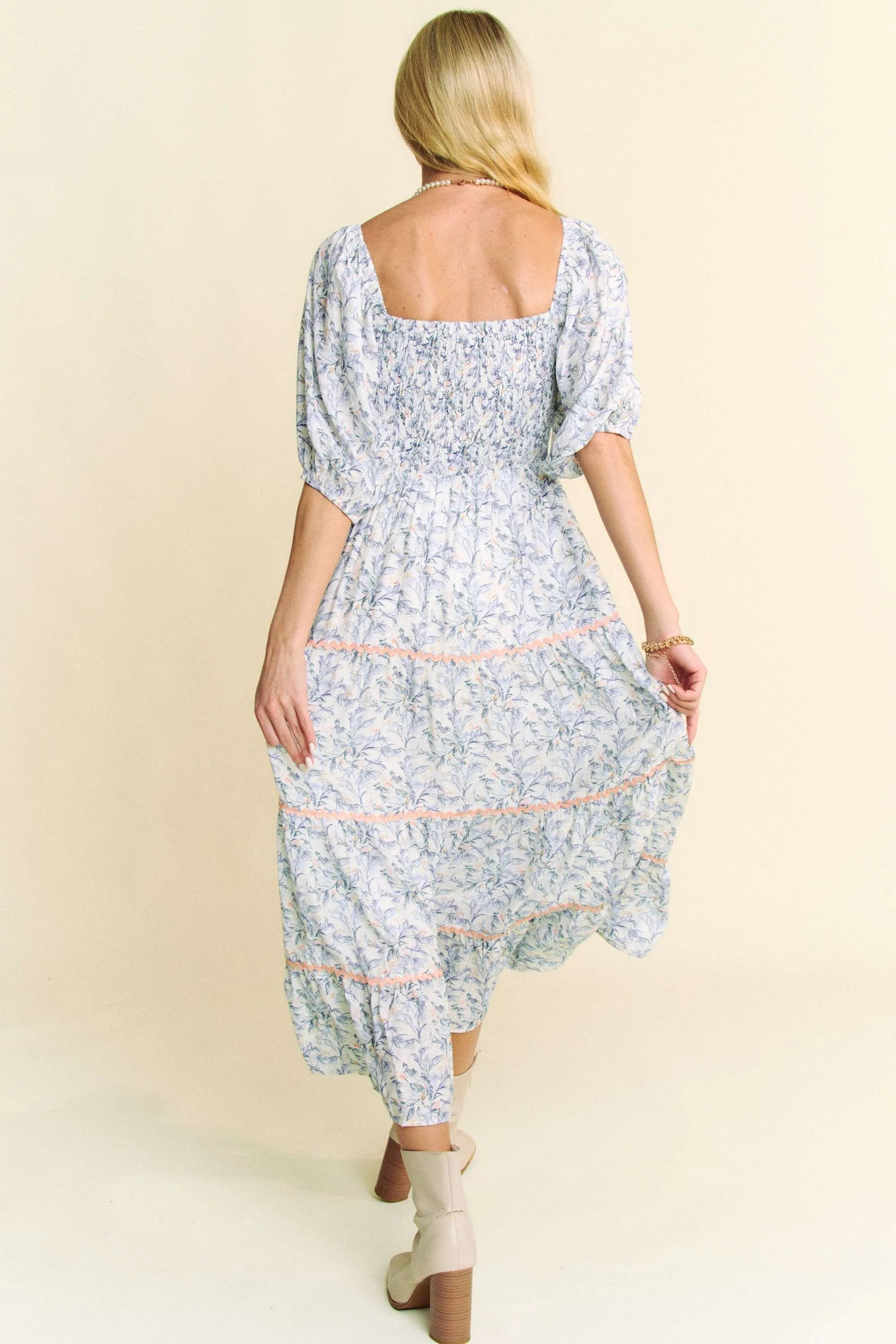 Davi & Dani Contrast Ric Smocking Bodice Tiered Midi Dress