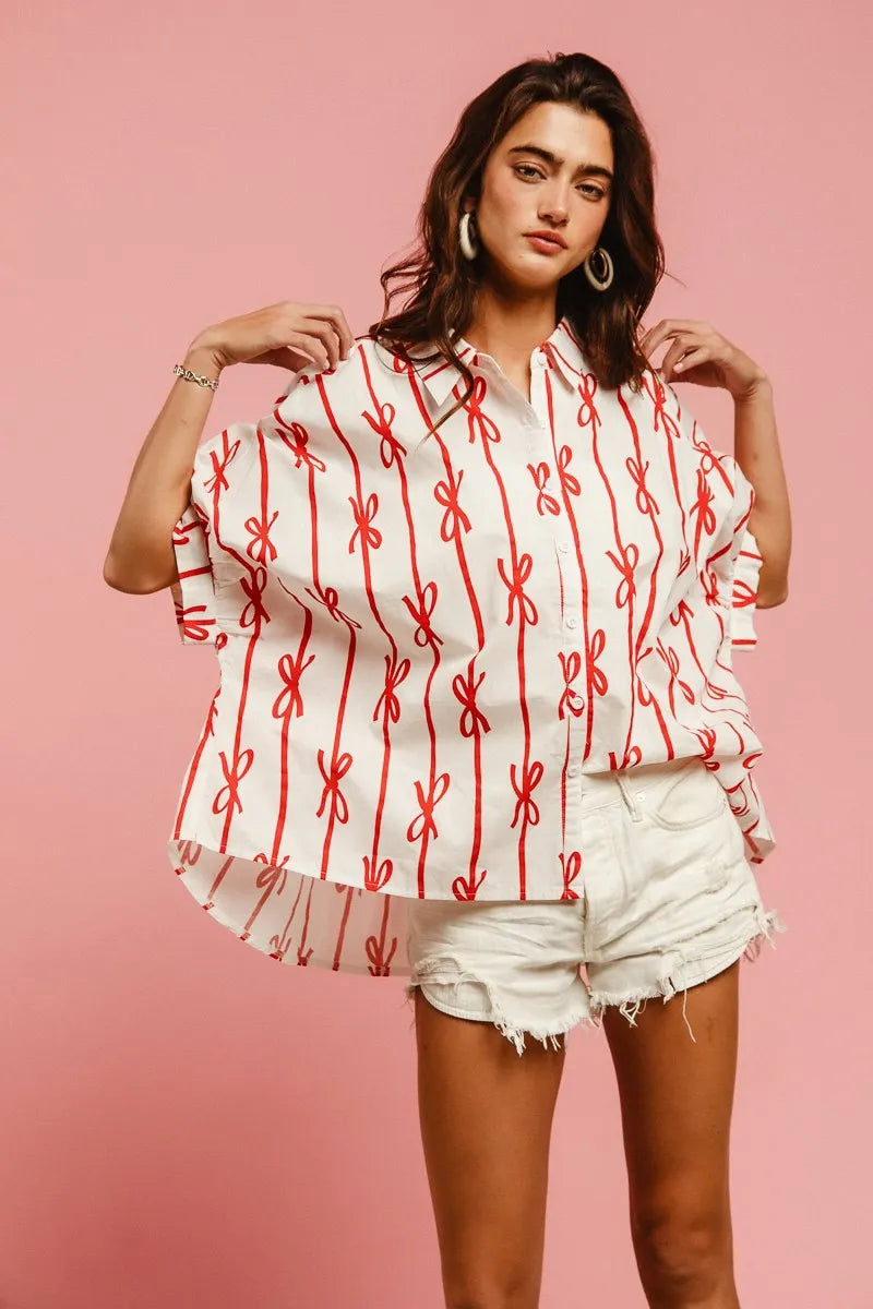 BiBi Bow Ribbon Woven Printed Button Down Shirt