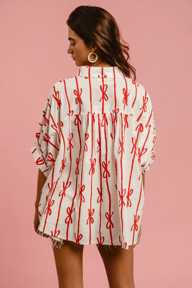 BiBi Bow Ribbon Woven Printed Button Down Shirt