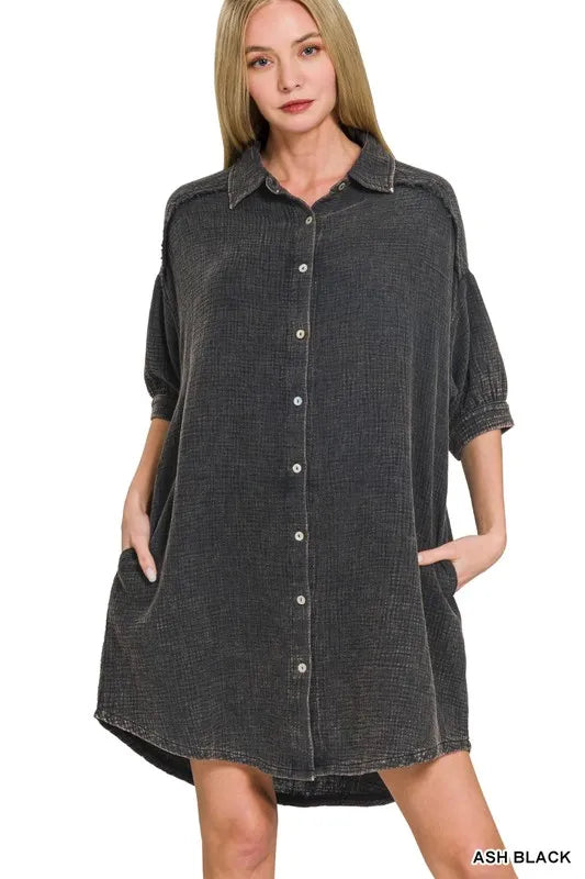 Zenana Washed Double Gauze Button Down Shirt Dress in Black