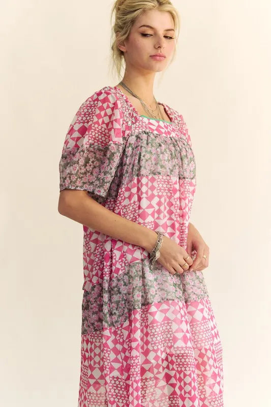 Davi & Dani Multi Floral Square Neck Puff Sleeve Maxi Dress in Pink