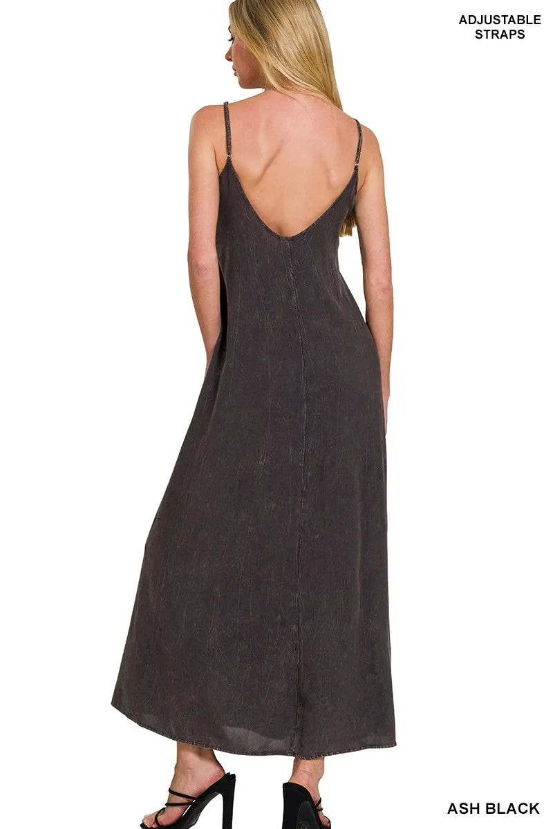 Zenana Mineral Washed Rayon Challis Cami Dress in Black