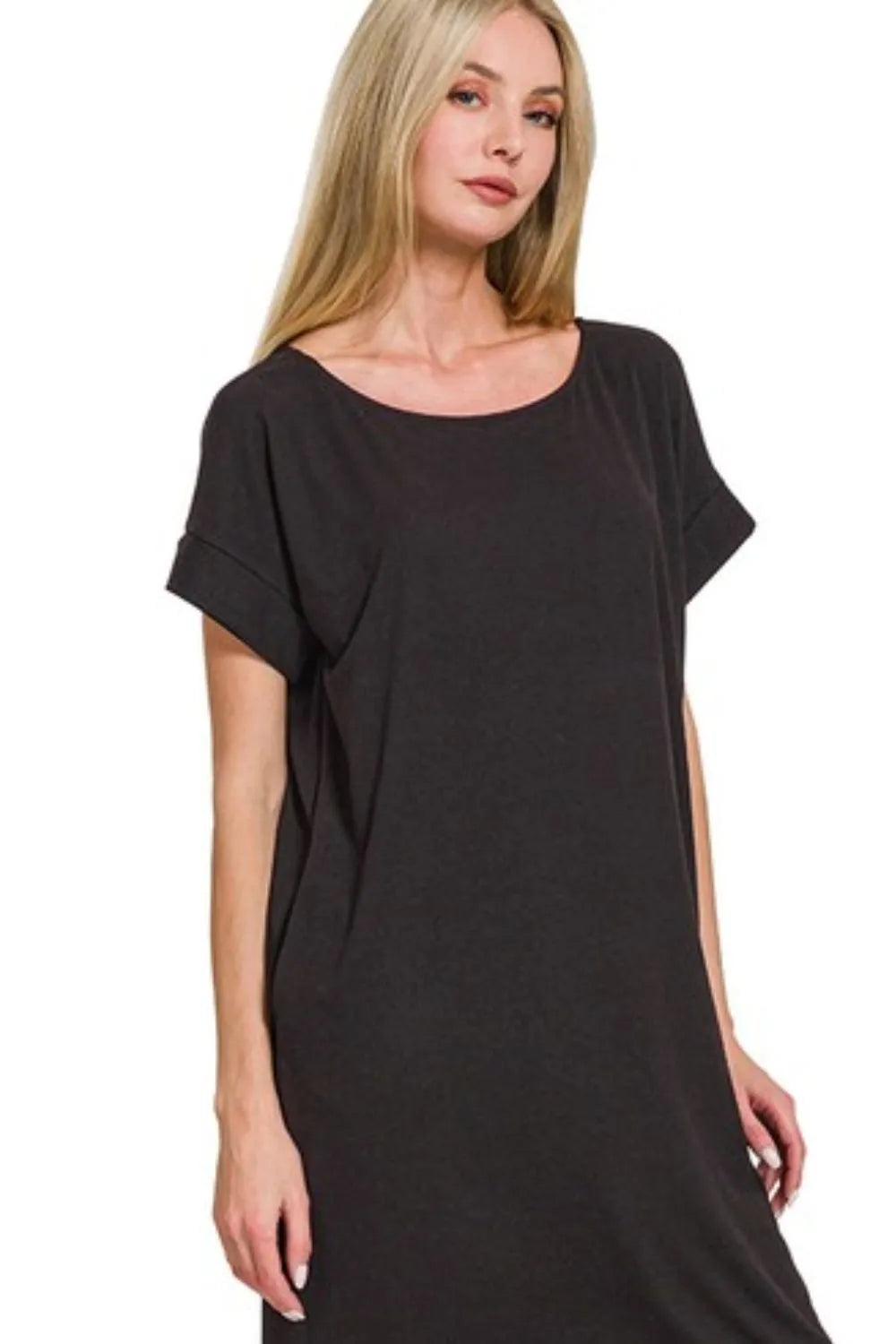 Zenana Rolled Short Sleeve Round Neck Dress