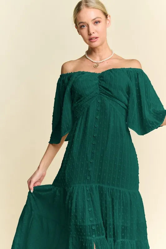 Davi & Dani Swiss Dotted Ruched Ruffle Open Back Midi Dress in Green