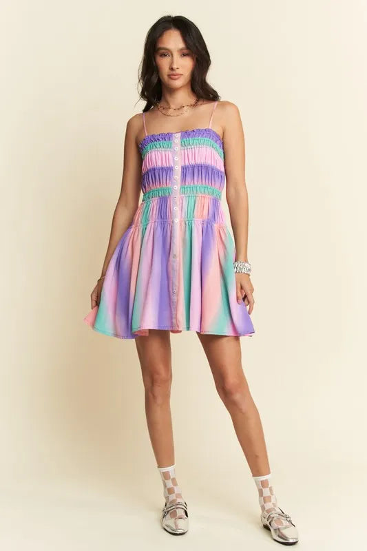 Davi & Dani Multi Color Ombre Printed Bodice Button Up Dress