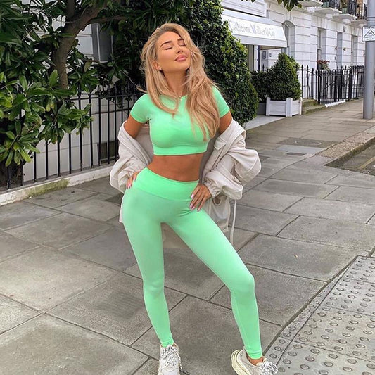 Sporty Tracksuit Women Casual Solid Short Sleeve Crop Top and Leggings